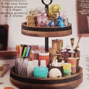 Mikasa 2-tier Lazy Susan Mango Wood Tray w Stylish Burnished Iron Band Frame